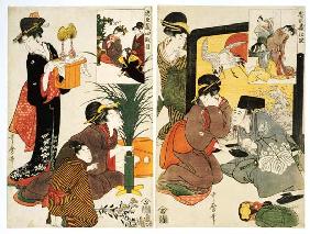 Two Scenes From The Series  ''Loyal League'' Depicting Everyday Life Of An Edo Period Household