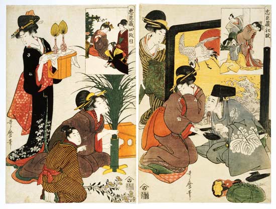 Two Scenes From The Series  ''Loyal League'' Depicting Everyday Life Of An Edo Period Household de Kitagawa  Utamaro