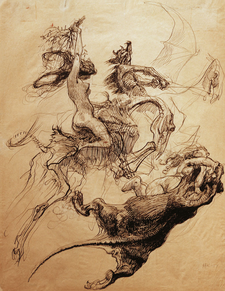 Nackte Frau auf Skelett und Teufel auf Pterodaktylus reiten de Heinrich Kley