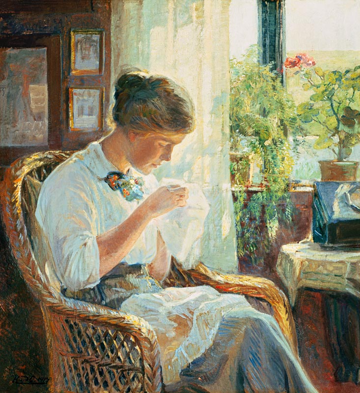 Sewing young woman at the window de Knud Erik Larsen