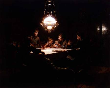 Family supper in the lamp light de Knut Ekwall