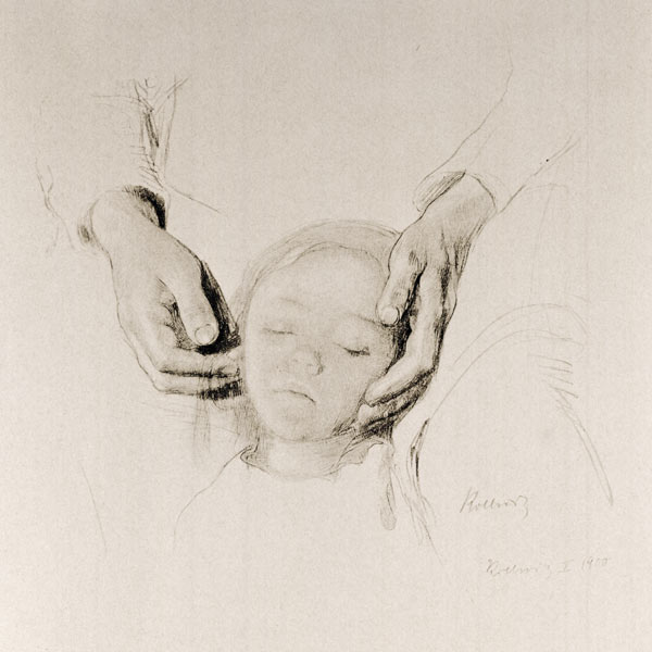 Cabeza de un niño entre las manos de Käthe Kollwitz