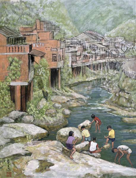 Village by the River, 1992 (gouache on silk)  de Komi  Chen