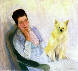 Portrait of the wife of the artist with little dog de Konrad Krzyzanowski