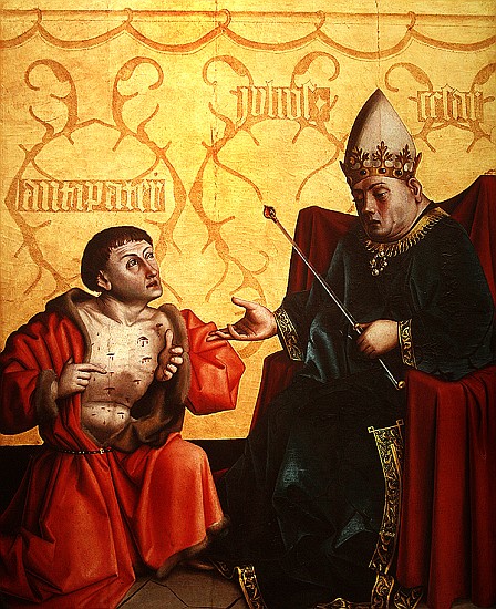 Antipater kneeling before Juilus Caesar, from the Mirror of Salvation Altarpiece, c.1435 (tempera on de Konrad Witz