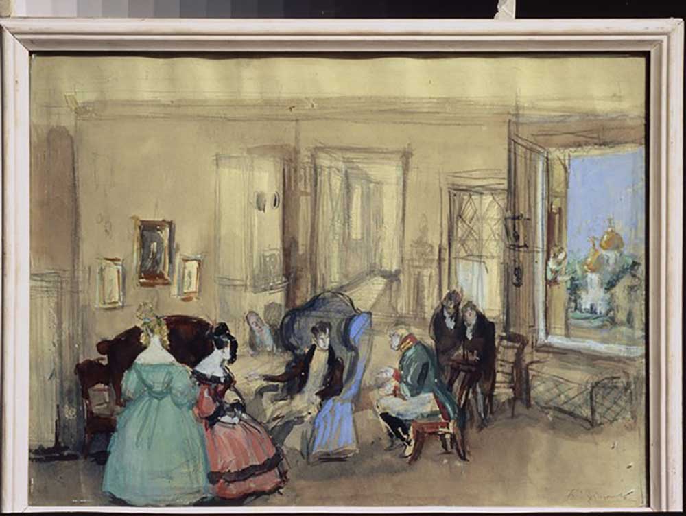 A scene from the theatre play The Government Inspector by N. Gogol de Konstantin Iwanowitsch Rudakow