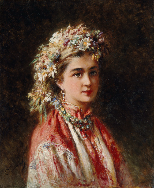 Young girl with flower garland de Konstantin Jegorowitsch Makowski