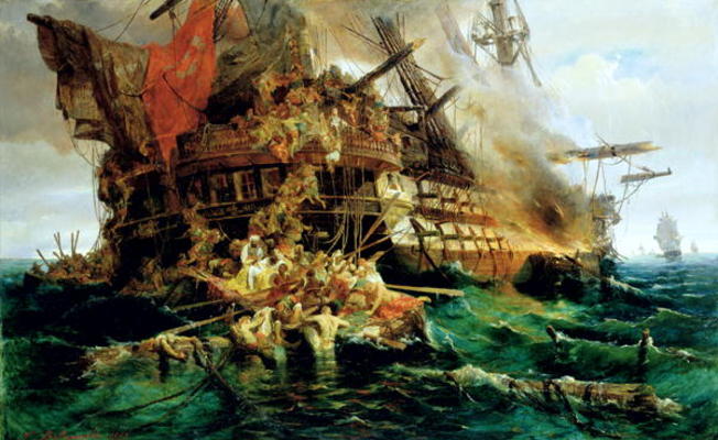A Turkish Warship on Fire, 1868 (oil on canvas) de Konstantinos or Constantin Bolanachi