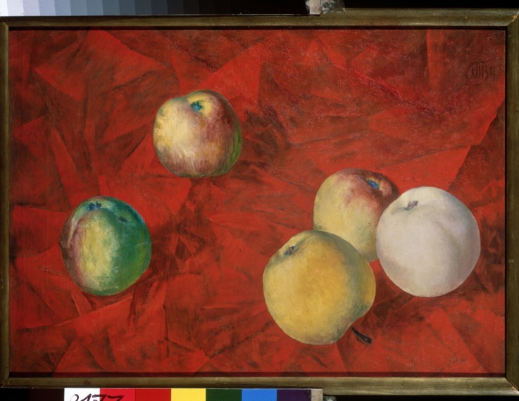 Apples on the red background de Kosjma Ssergej. Petroff-Wodkin