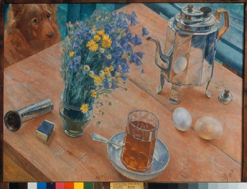 Das Morgen-Stillleben (Teekanne, Teeglas und Blumenvase) de Kosjma Ssergej. Petroff-Wodkin