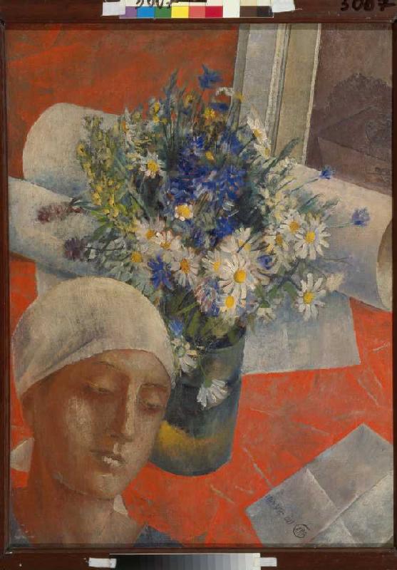 Frauenkopf und Vase mit Blumen de Kosjma Ssergej. Petroff-Wodkin