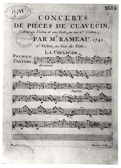 Score sheet for ''Concerts de Pieces de Clavecin'' Jean-Philippe Rameau (1683-1764) 1741 de L. Hue