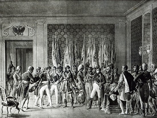 Napoleon gives the flags won at Austerlitz in 1805 to the Mayors of Paris visiting him at Schonbrunn de L. Marin