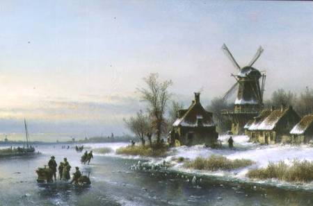 Windmill by a Frozen River de Laurens Johannes Kleijn