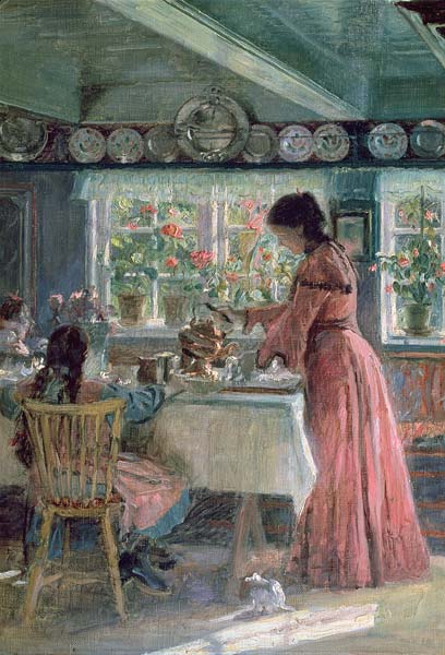 The Coffee is Poured - The Artist's Wife with their 2 daughters de Laurits Regner Tuxen