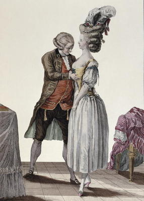 A tailor trying out a fashionable corset on a lady, plate from 'Galerie des Modes et Costumes', engr de Le Clere