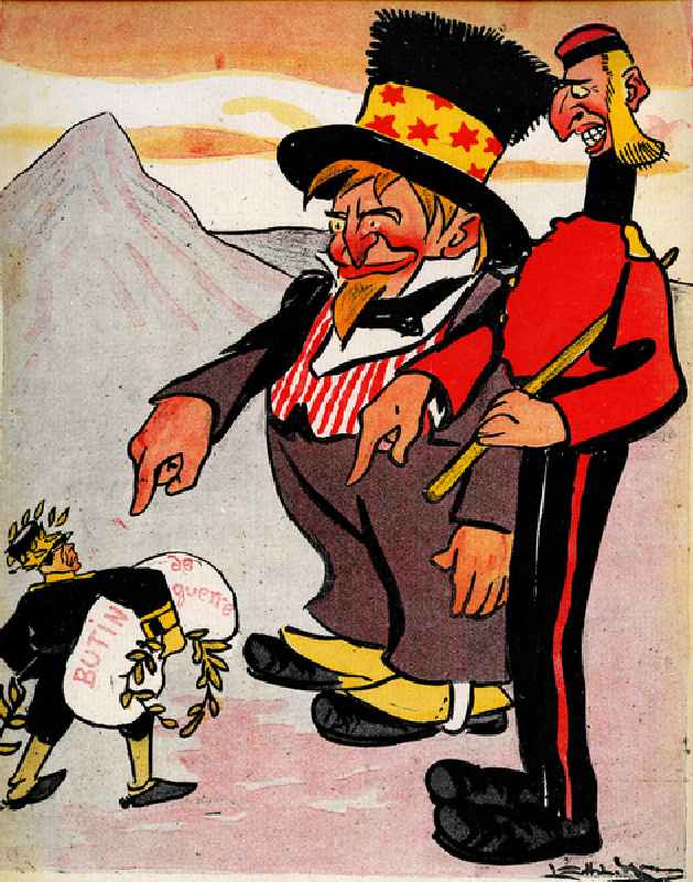 America and England threaten Japan - "you can keep your Laurels, but leave us the loot" 1904 (litho) de Leal de Camara