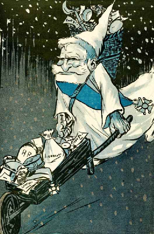 The Christmas for big kids - French President Emile Loubet dressed as Santa Claus with a wheelbarrow de Leal de Camara