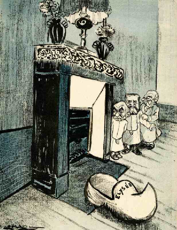 Georges Clémenceau, Armand Fallières and Émile Combes wait by the fireplace to surprise Santa. 1905. de Leal de Camara