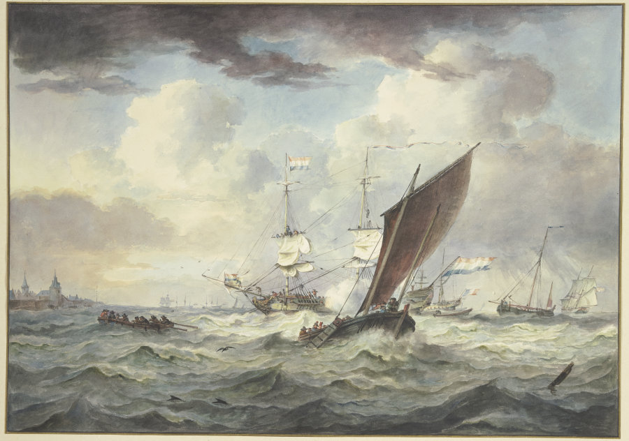 Stark bewegte See mit vielen Schiffen, ein großes Schiff lädt eine Kanone, davor ein Boot von vorne  de Leendert de Koningh