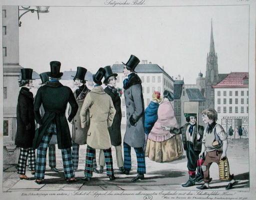 Elegant Men Wearing Scottish Trousers on the Streets of Vienna, engraved by J. W. Linke, c.1840 (col de Lempis