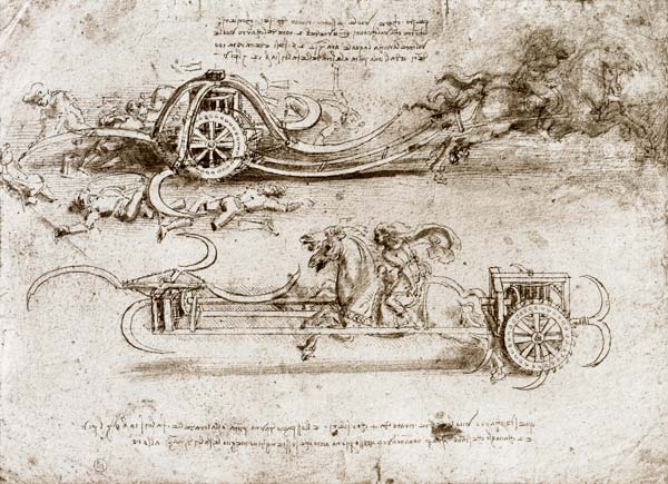 Battle chariots armed with scythes (pen & ink on paper) de Leonardo da Vinci