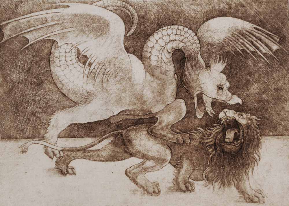 Fight between a Dragon and a Lion (pen and ink on paper) (print) de Leonardo da Vinci