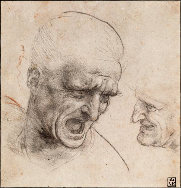 Estudios para las cabezas de dos soldados en "La Batalla de Anghiari" de Leonardo da Vinci