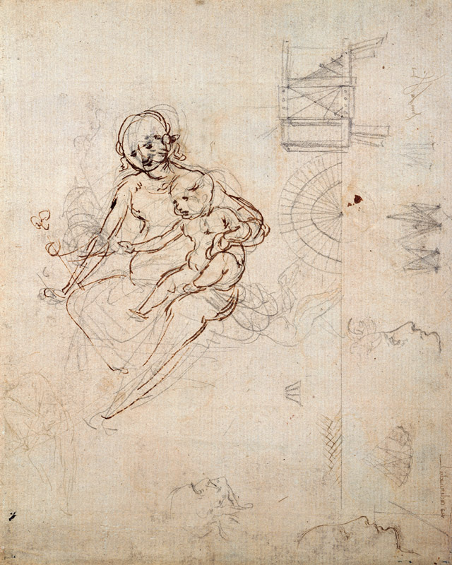 Studies for a Virgin and Child and of Heads in Profile and Machines, c.1478-80 (pencil and ink on pa de Leonardo da Vinci