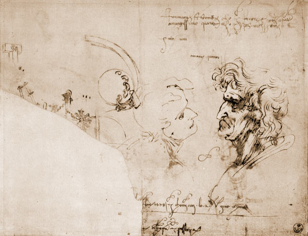 Study of two male heads, parts of machinery and mirror writing de Leonardo da Vinci
