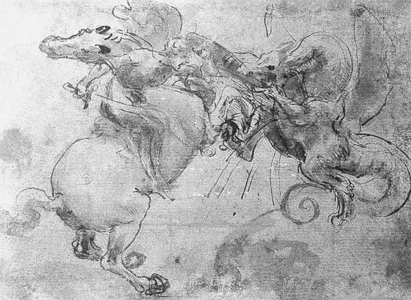Battle between a Rider and a Dragon, c.1482 (stylus underdrawing, pen and brush on paper) de Leonardo da Vinci