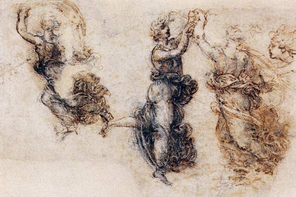 Three dancing figures and a study of a head (sepia & black ink on linen paper) de Leonardo da Vinci