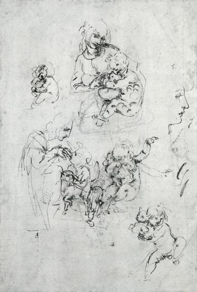 Studies for a Madonna with a cat, c.1478-80 (pen and ink over black chalk on paper) de Leonardo da Vinci