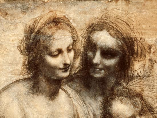 The Virgin and Child with SS. Anne and John the Baptist, detail of heads of the Virgin and St. Anne de Leonardo da Vinci