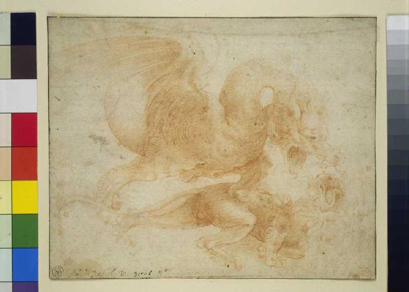 Ein Drache attakiert einen Löwen. de Leonardo da Vinci