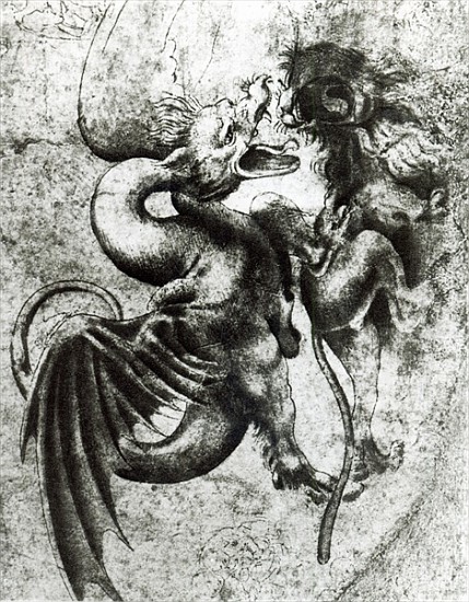Fight between a Dragon and a Lion (brown ink with wash on paper) de Leonardo da Vinci