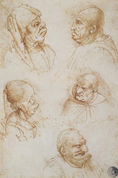 Five Studies of Grotesque Faces de Leonardo da Vinci