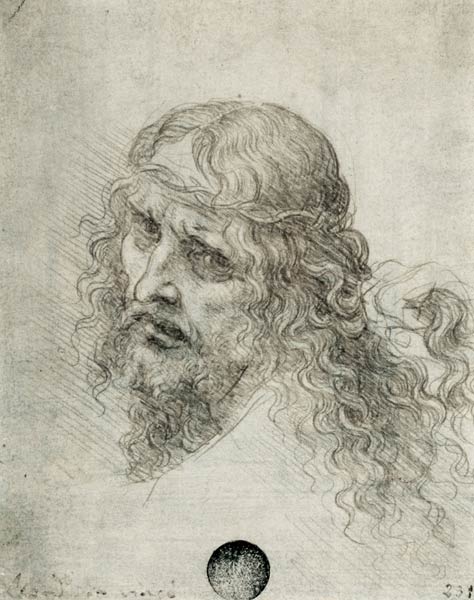 Head of Christ with a hand grasping his hair (black chalk on linen paper) de Leonardo da Vinci