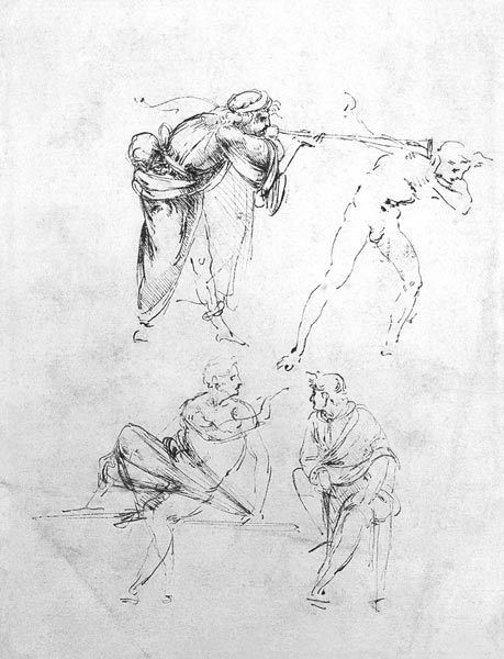 Study of a man blowing a trumpet in another''s ear, and two figures in conversation, c.1480-82 (pen  de Leonardo da Vinci