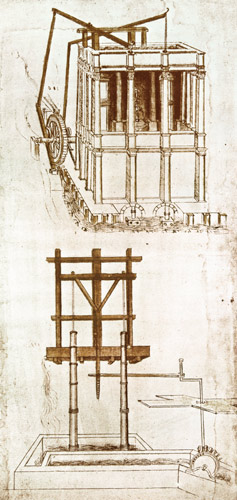 Facsimile of Codex Atlanticus 395v Hydraulic Water Pump for a Fountain (original copy in the Bibliot de Leonardo da Vinci