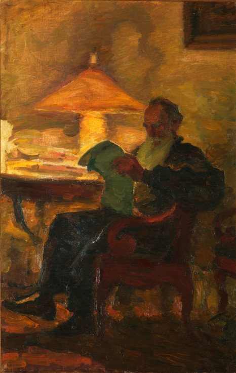Leo Tolstoy with a newspaper de Leonid Ossipowitsch Pasternak