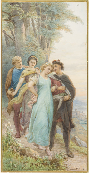 Die wieder vereinten Brautpaare auf dem Weg aus dem Wald, vorn Helena und Demetrius, dahinter Hermia de Leopold von Bode