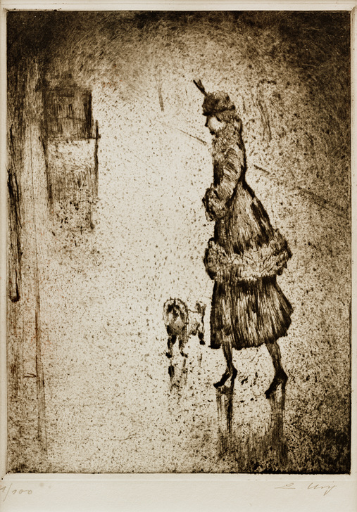 Dame mit Pudel auf regennasser Straße (Droschke links) de Lesser Ury