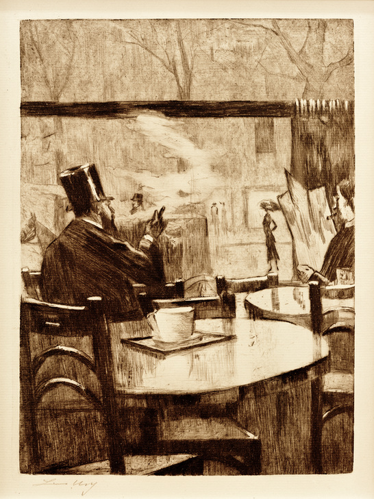 Herr mit Zylinder vor einem Kaffeehausfenster - In Rückenansicht de Lesser Ury