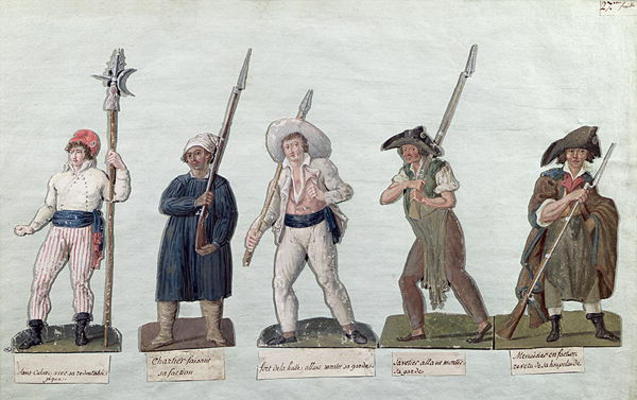 A Sans Culotte with his Pike, a Carter, a Market Porter, a Cobbler and a Carpenter (gouache on card) de Lesueur Brothers