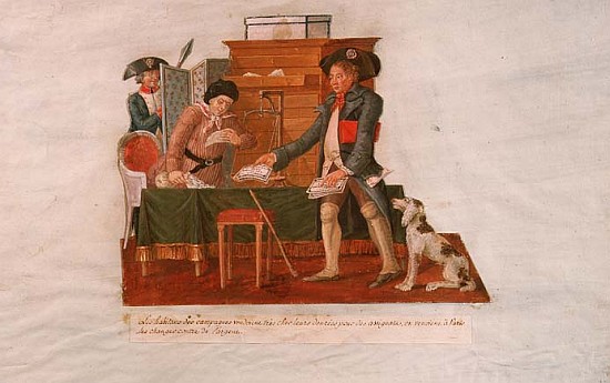 Fol.55 Country Folk and the Money Changer (gouache on card) de Lesueur Brothers