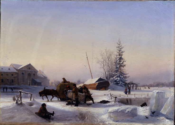 Ice transport (Winter view of the formerly Wine Village on Vasily Island in St. Petersburg) de Lew Felixowitsch Lagorio
