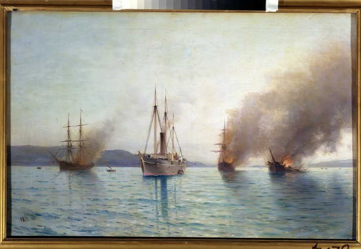 Russian torpedo boat tender Grand Duke Konstantin destroying the Turkish ships at Bosphorus on 1877 de Lew Felixowitsch Lagorio