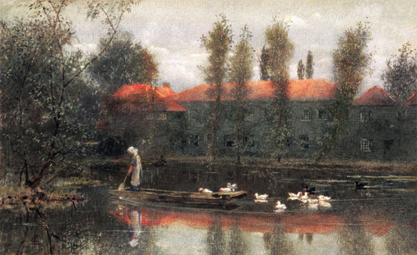 The Pond of William Morris Works at Merton Abbey (w/c and gouache on paper) de Lexden L. Pocock