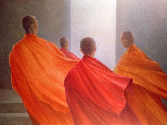 Four Monks on Temple Steps (oil on canvas)  de Lincoln  Seligman